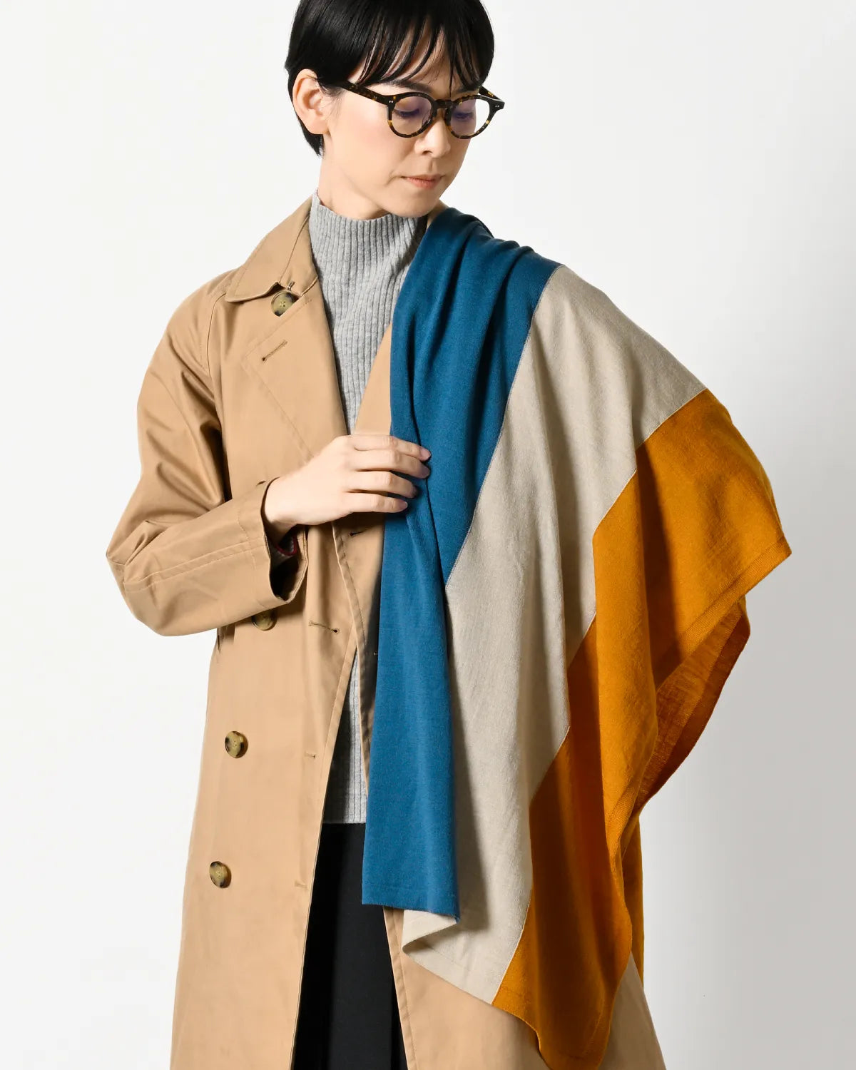 モデル身長:169cm#カラー_26 スモーキーブルー×ライトベージュ×マスタード