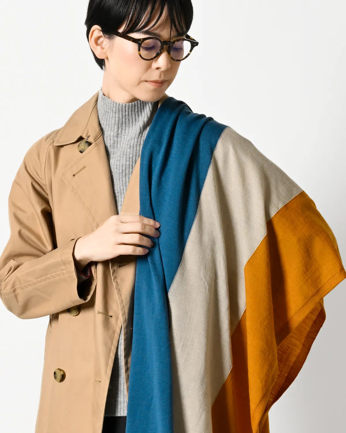 モデル身長:169cm#カラー_26 スモーキーブルー×ライトベージュ×マスタード