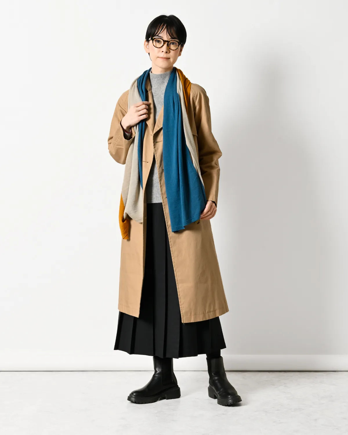 モデル身長:169cm#カラー_26 スモーキーブルー×ライトベージュ×マスタード
